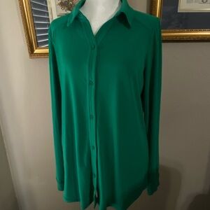 Adrianna Papell Sz L Green Knit Button Front Blouse V-Neck Long Sleeve MSRP $79